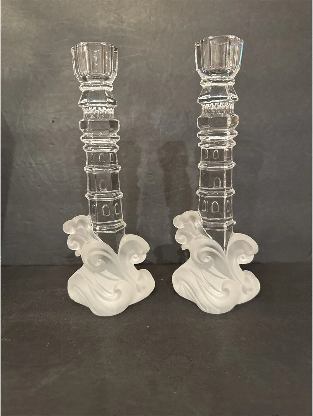 New Lenox Full Lead Crystal Lighthouse Candlesticks Frosted Waves 9-3/8” Germany